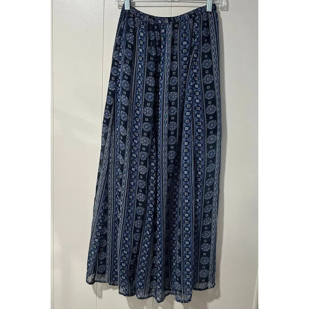 Hollister Boho Maxi Skirt Small Blue Geometric Floral Print Flowy Summer Beach S - Picture 2 of 5